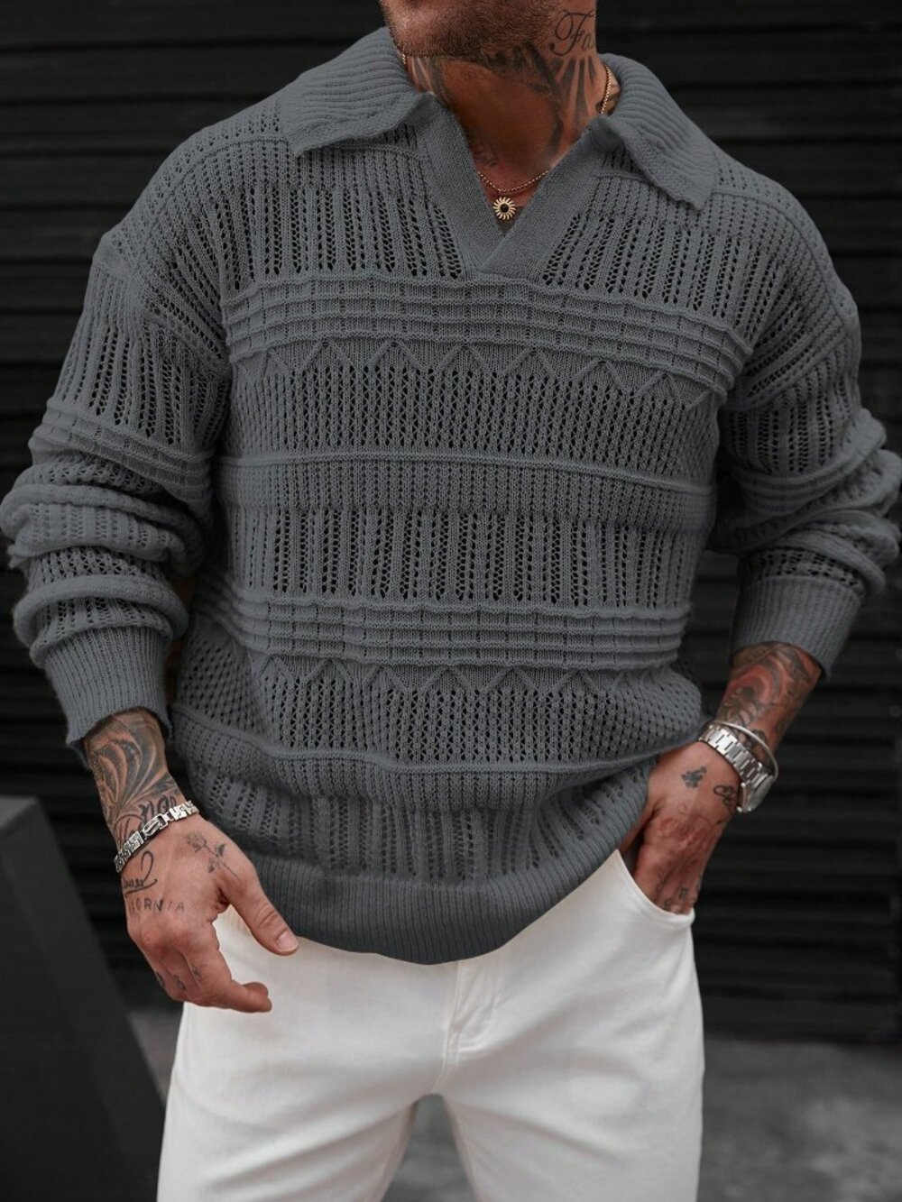 Grey Loose Casual Men's Long Sleeve V Neck Drop Shoulder Knit Sweater